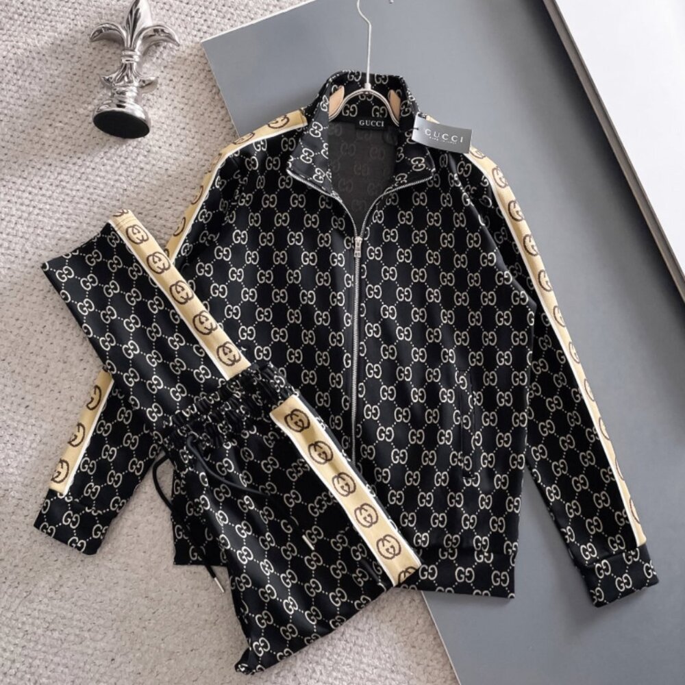 Gucci Black and Beige GG Monogram Bomber Jacket